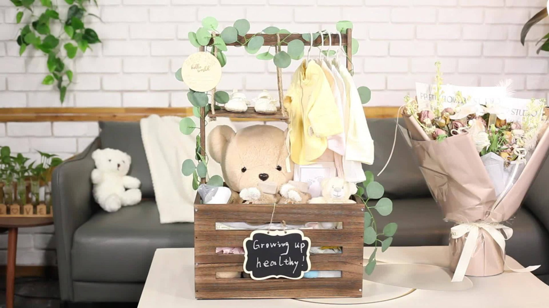 Wooden Gift Box Crate with Handle - Large Wood Keepsake Basket for Baby Shower Gifts Hamper Mom Dad Christmas Party Decor Storage Organizer