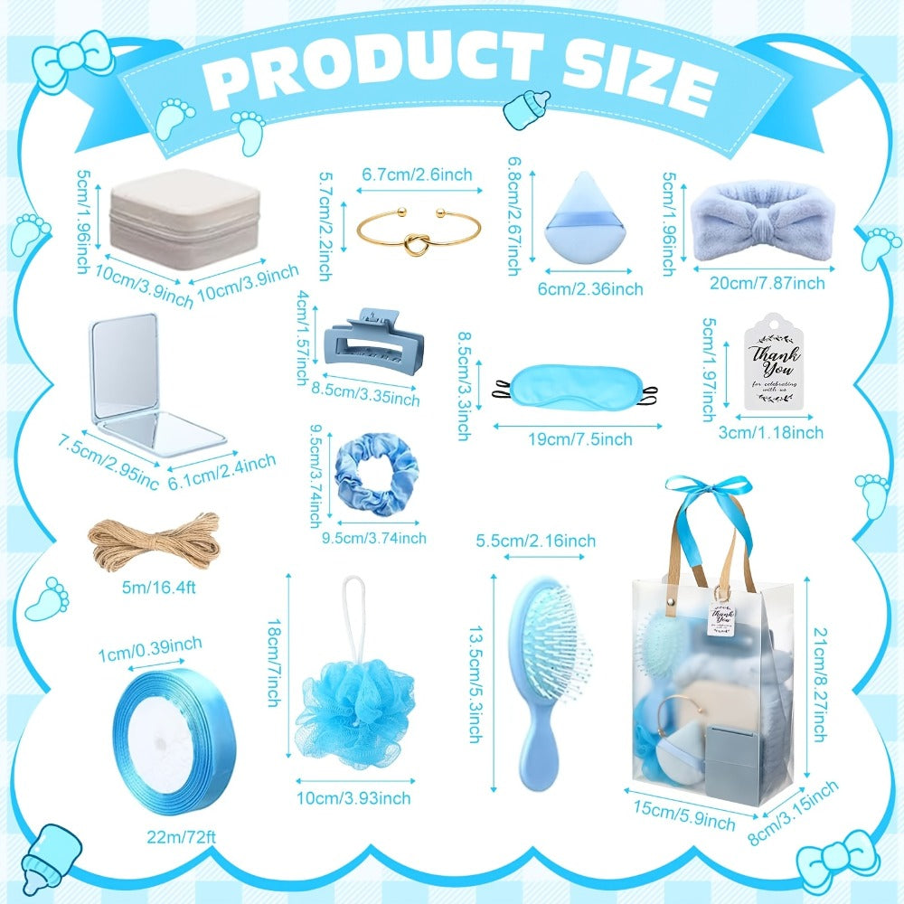 Party Favor Gift Set 74pcs ¨C Headbands, Hair Brushes, Bracelets, Mirrors, Powder Puffs, Hair Ties, Clips, Bath Sponges & Jewelry Boxes with Gift Bags for Bridal Shower, Wedding, Christmas & Events (Pink/Blue)