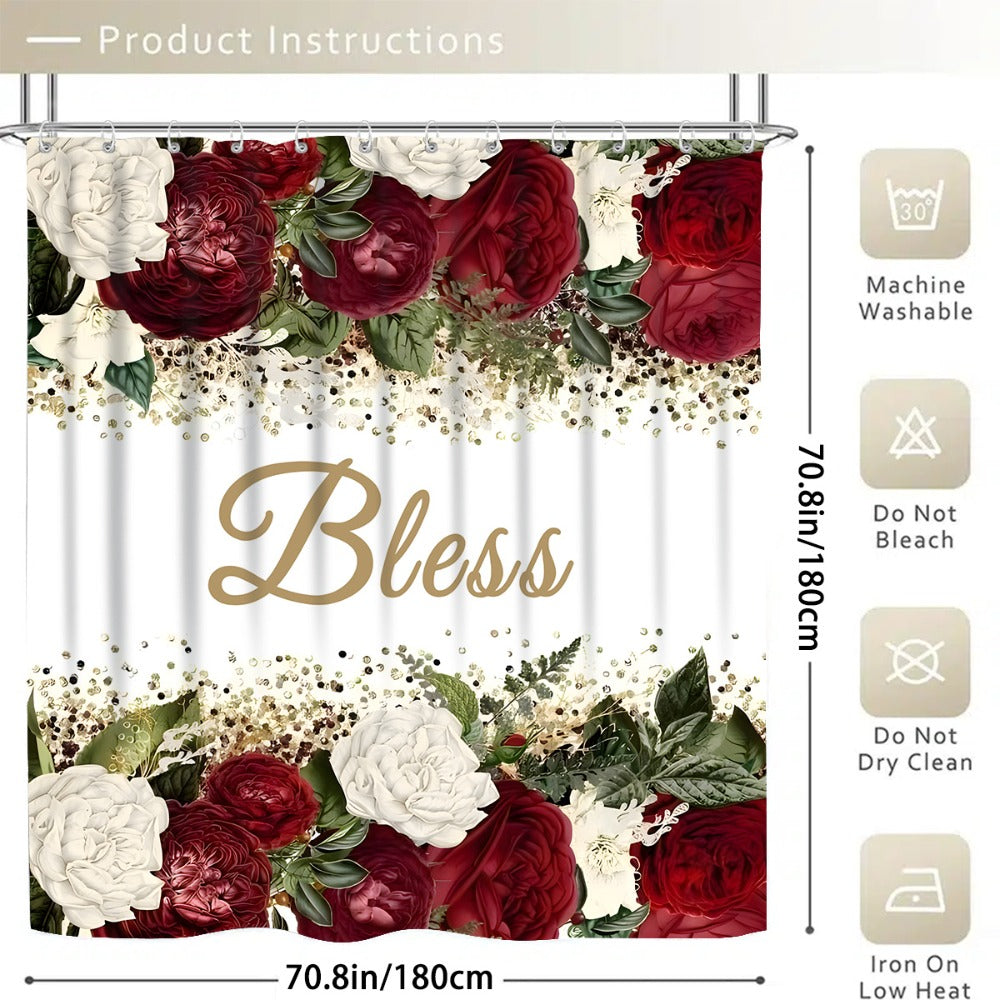 Rose Print Shower Curtain 4-Piece Bathroom Set ¨C Toilet Lid Cover Mat Machine Washable with 12 Hooks Elegant Floral Decor