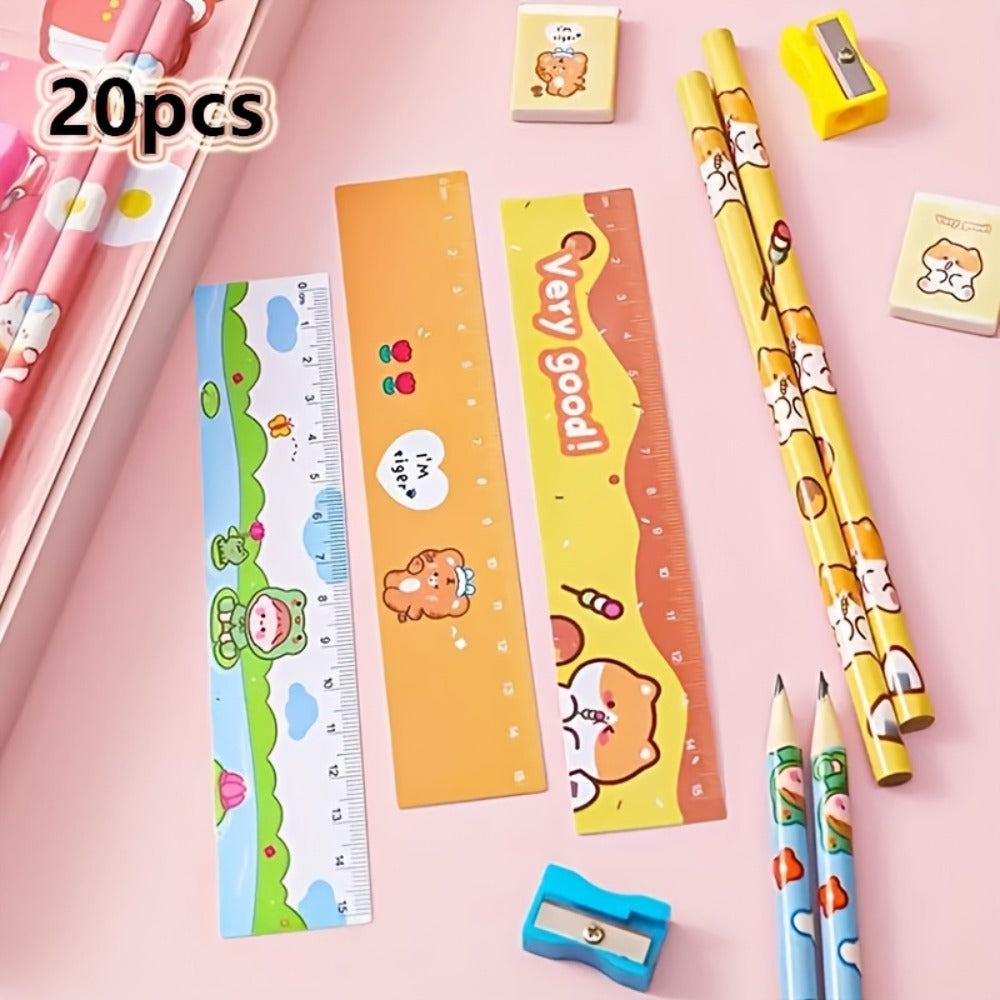 20-Piece Cartoon Pencil Stationery Set with Ruler Eraser Sharpener, Random Cartoon Styles, Kids School Supplies, Party Favor Prizes, Festival Gift Set for Students