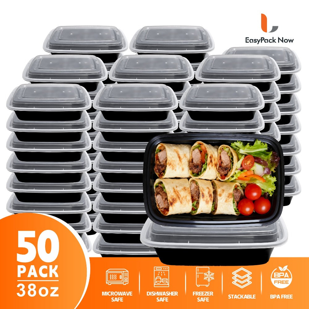Meal Prep Containers with Lids 50 Pack BPA Free ¨C 32oz & 38oz Stackable Disposable Plastic Food Storage Containers, Microwave Dishwasher Freezer Safe | Restaurant, Catering, Home Kitchen & Lunch Boxes