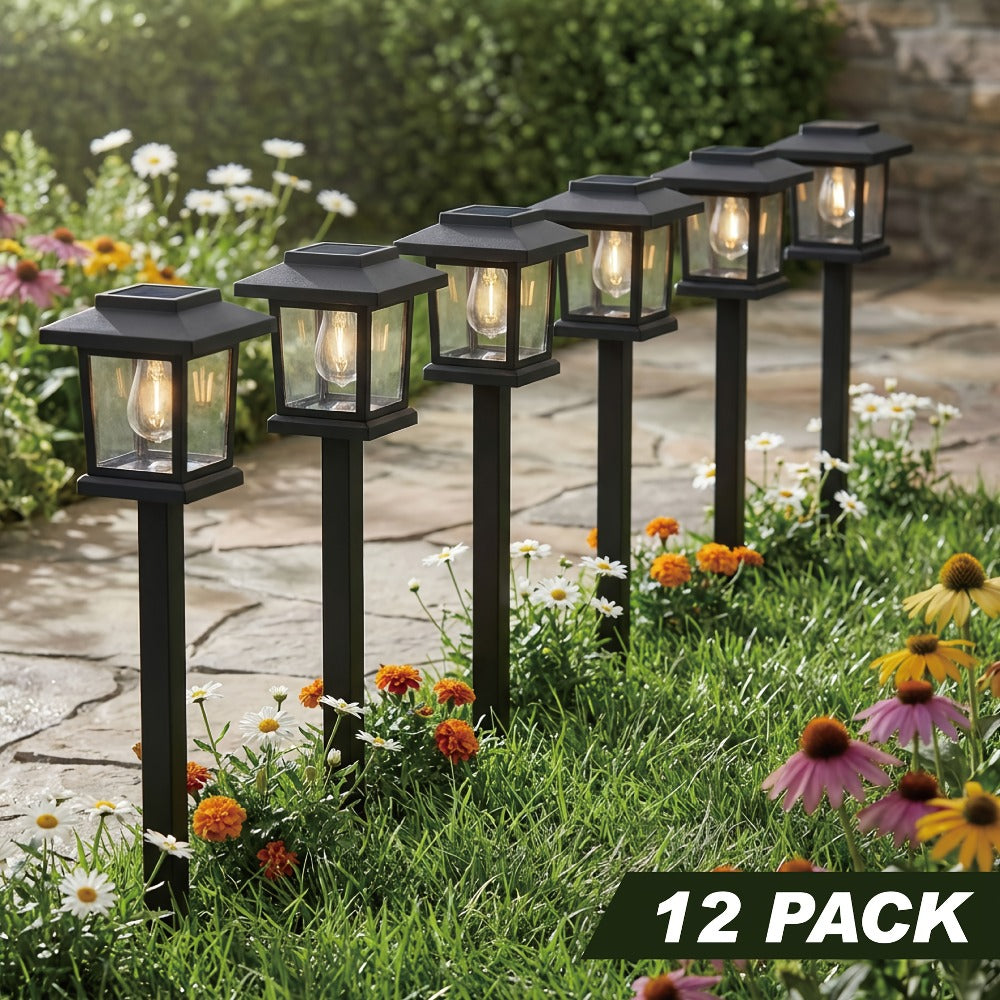 Solar Pathway Lights Outdoor Edison Style LED ¨C Up to 12 Hours Auto On/Off IP44 Waterproof | Warm White Solar Garden Lights for Yard, Driveway & Walkway | Black & Brown Upgraded Stake Lights