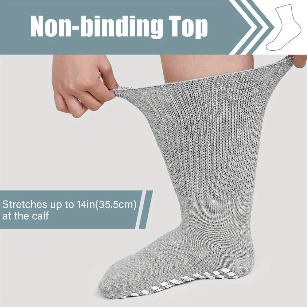 Anti-Slip Wide Socks for Swollen Feet 3 Pairs Grippy Sole Diabetic Non-Binding Breathable Edema Socks Reinforced Toe Heel Black White Grey Size 9-13 13-15