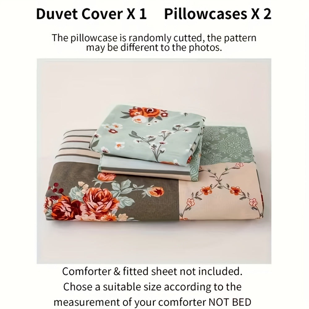 Floral Duvet Cover Set 3 Piece - Zipper Closure Patchwork Comforter Cover with 2 Pillowcases, All-Season Lightweight Kids Bedding Set, Pastoral Flower Plaid Print, Twin Full Queen King