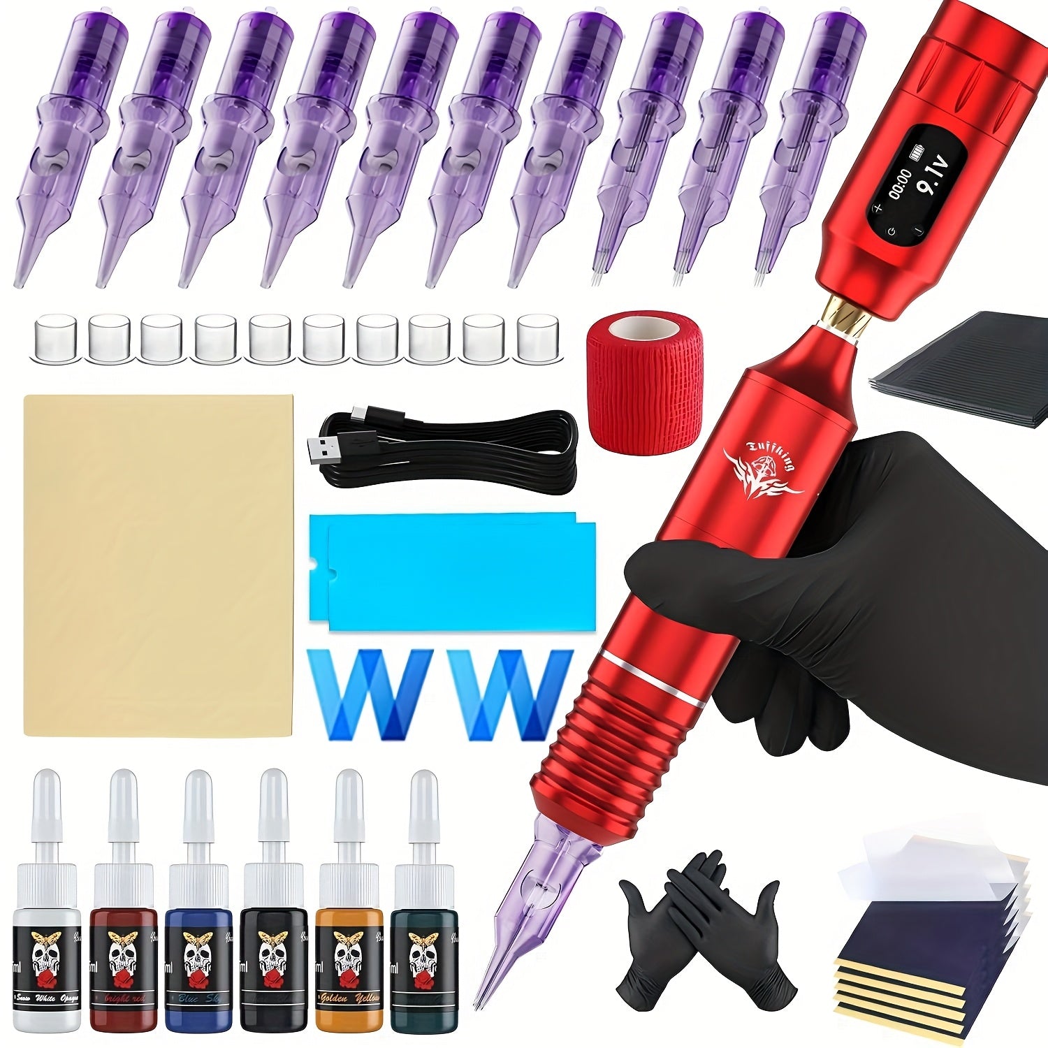 Rotary Tattoo Machine Kit 67pcs ¨C Complete Wireless Tattoo Pen Set with Cartridge Needles, Power Supply, Practice Skin, Inks & Transfer Paper for Beginners & Artists