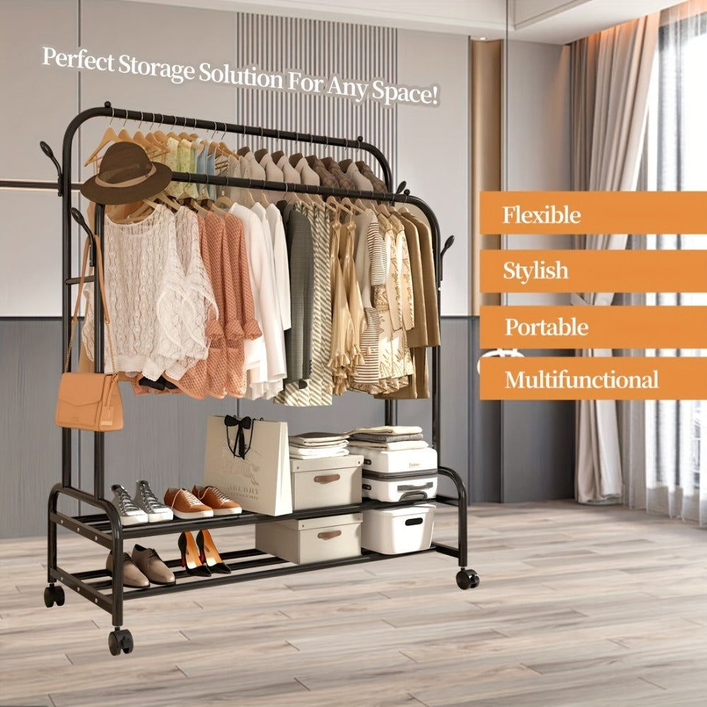 Heavy Duty Metal Clothing Rack Double Rod with Wheels Shelves and Hooks Freestanding Garment Rack 300LB Capacity Closet Organizer for Bedroom Laundry Room