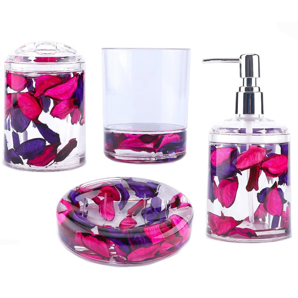 Bathroom Accessory Set 4-Piece 3D Floating Motion Acrylic Liquid Vanity Kit - Tumbler, Toothbrush Holder, Soap Dispenser & Soap Dish, Handcrafted Shell & Leaf Decor, Ocean Dolphin Conch Leaf Styles