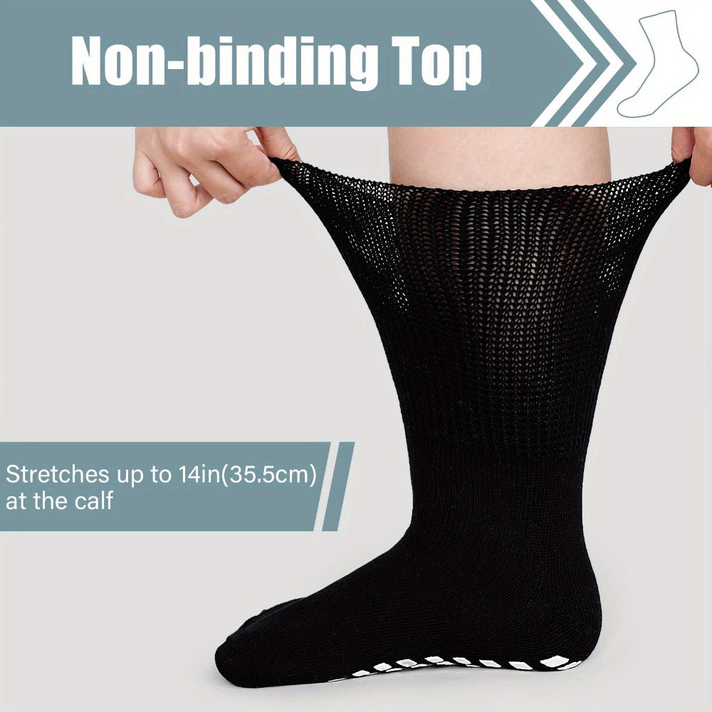Anti-Slip Wide Socks for Swollen Feet 3 Pairs Grippy Sole Diabetic Non-Binding Breathable Edema Socks Reinforced Toe Heel Black White Grey Size 9-13 13-15