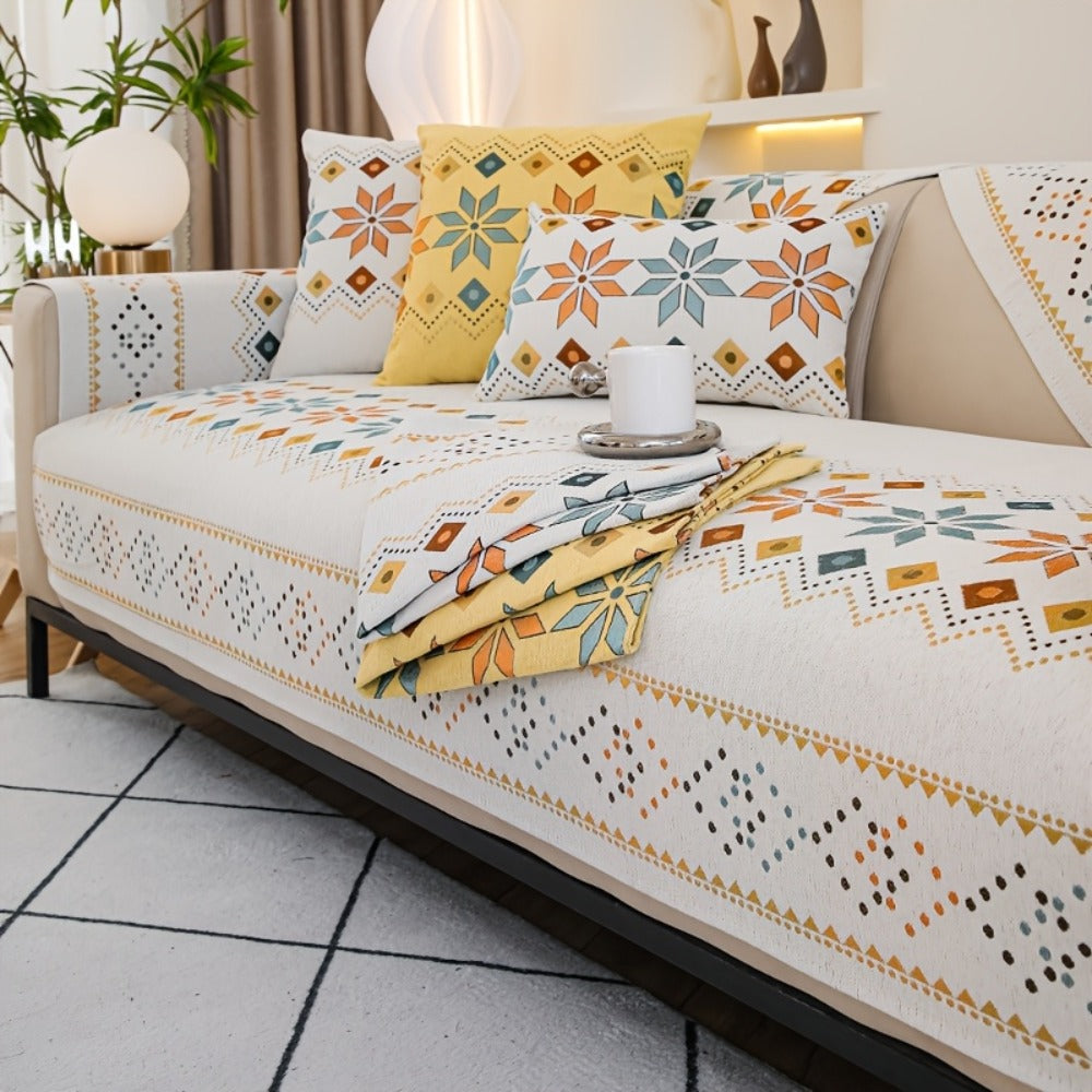 Chenille Sofa Cover Bohemian Style Jacquard Knit Anti-Slip Pet Friendly All Season Sofa Mat Protector - Single 2 3 4 Seater Armrest Backrest Pillow Case Grey White Yellow