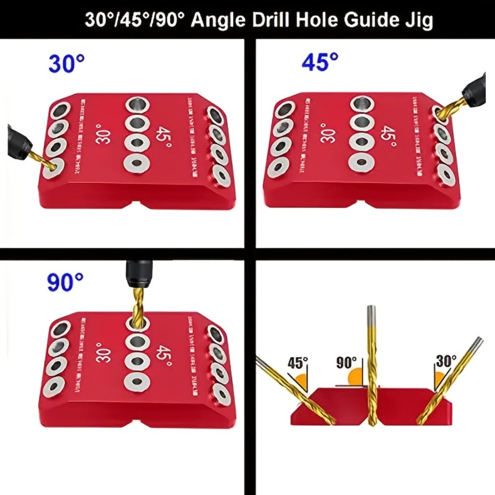 Multi-Angle Drill Guide Jig 30 45 90 Degree All-Metal for Cable Railing Lag Screw Installation Deck Stair Handrail Post Hole Drilling Precise Railing Setup Tool Red
