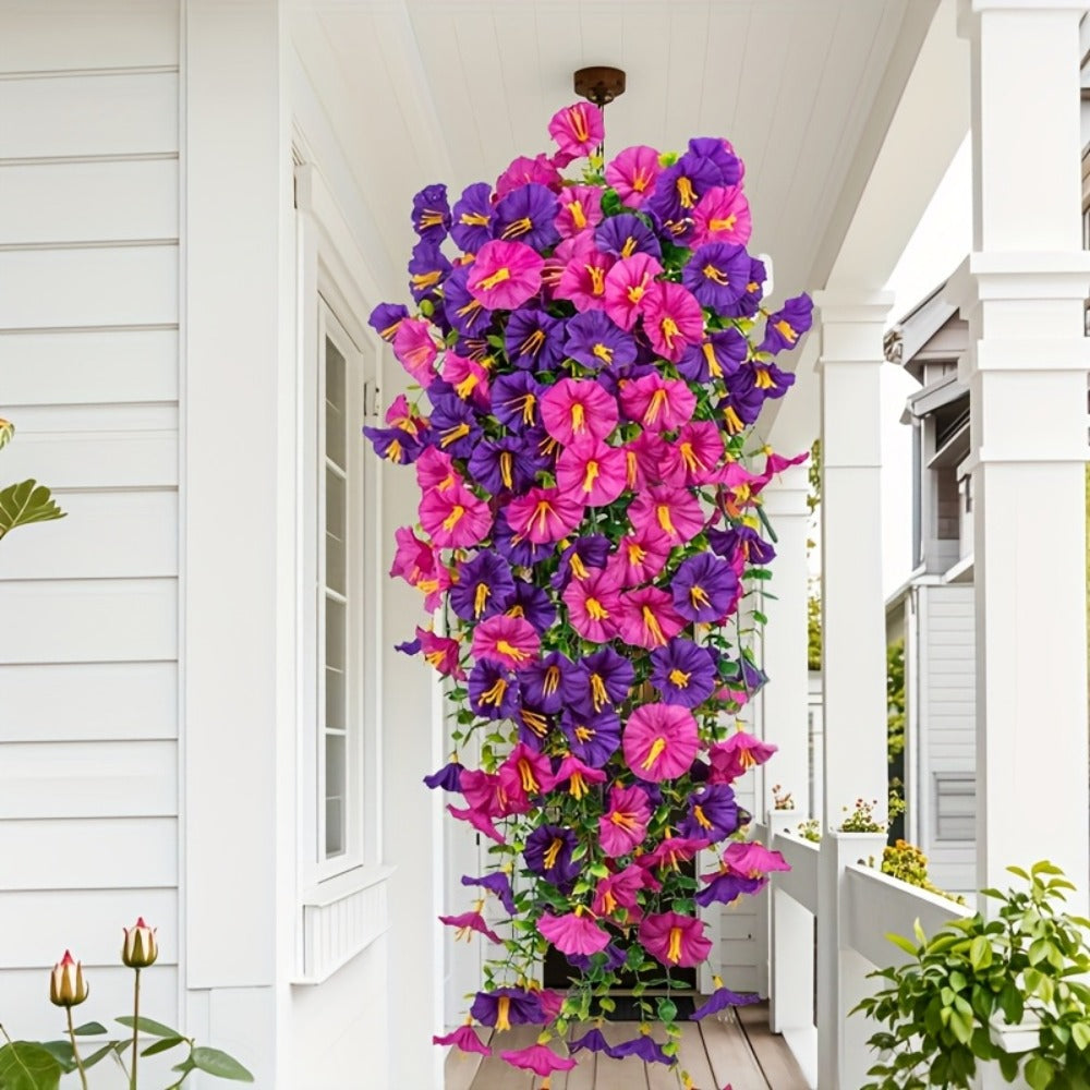 Artificial Flowers Outdoor UV Resistant 4 Bundles Hanging Morning Glory Fake Flowers for Porch Window Box Garden Home Decor Thanksgiving Christmas