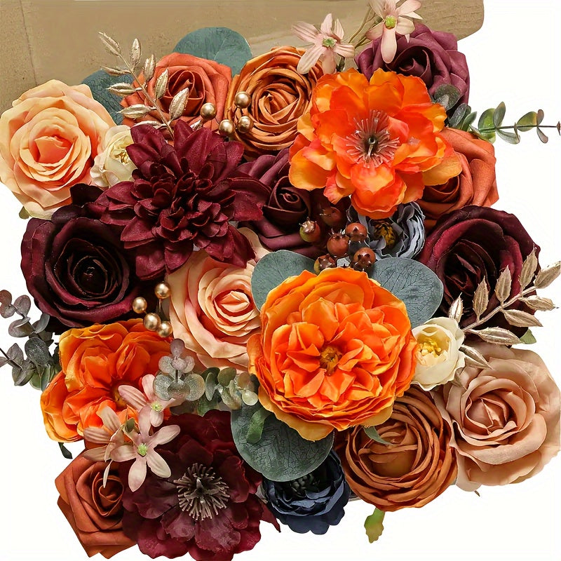 Artificial Flowers Bouquet Set ¨C Foam Roses for Wedding, Fall Halloween Valentine's Day Table Decor, Orange Wine Red Blue
