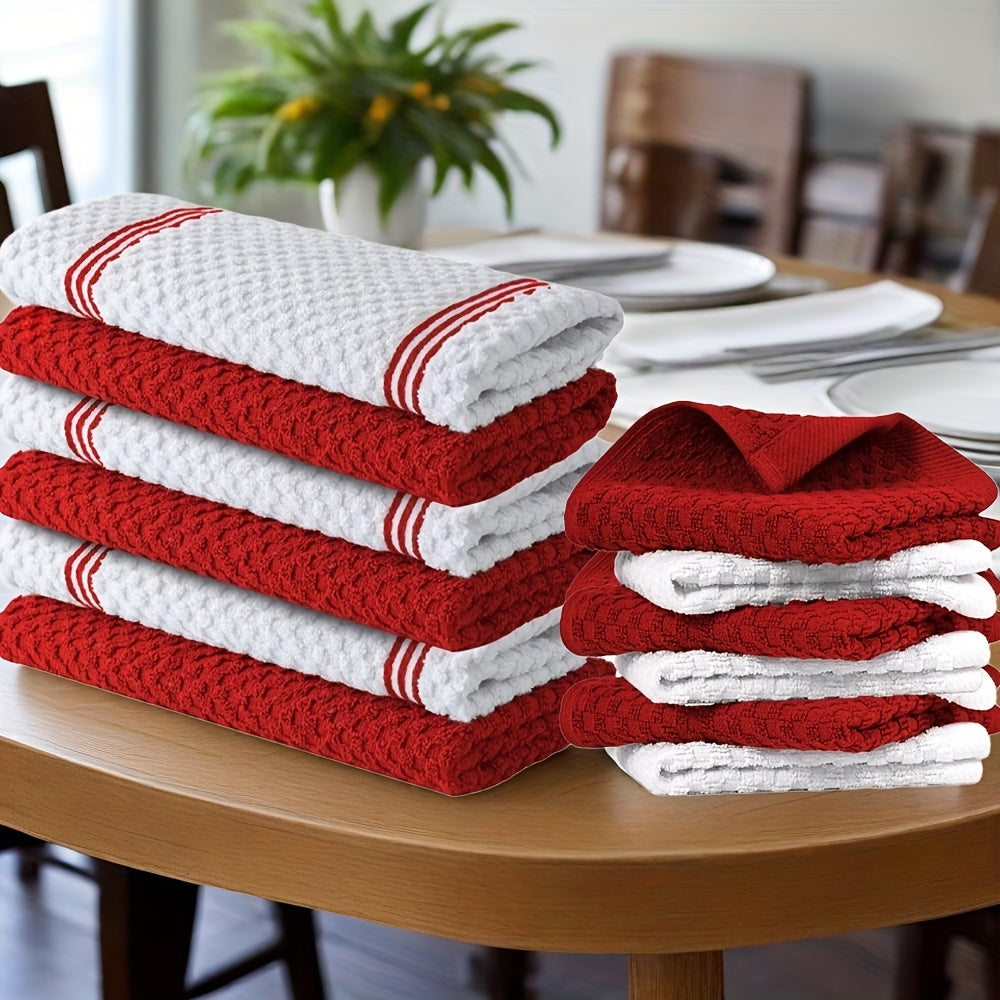 Cotton Kitchen Dish Towel Set 12pcs | 6 Hand Towels 15¡±x25¡± & 6 Wash Towels 12¡±x12¡± | Striped Weave Absorbent Durable Towels for Cooking Cleaning Drying