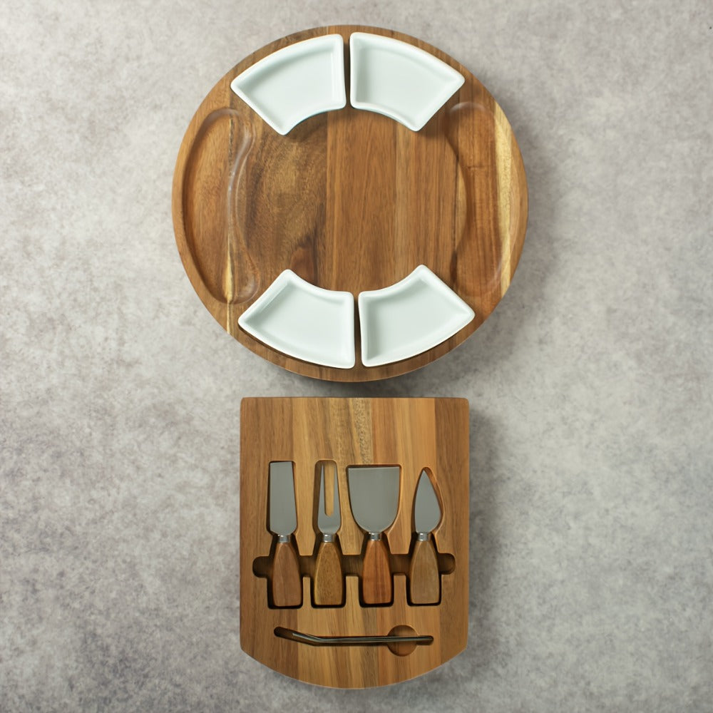 Acacia Wood Charcuterie Board Set Circular Cheese Board with Drawer Knife Set & Ceramic Bowls | Premium Serving Platter Gift Set for Housewarming Bridal Shower Wedding Birthday Women 13x13 Inch