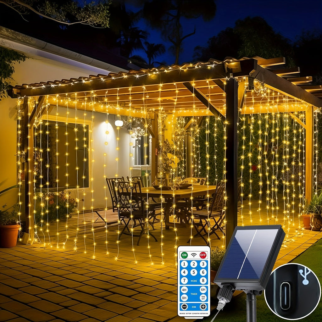 Solar Curtain Lights Outdoor 300 LED Waterfall Fairy String Lights with 8 Modes Remote Control USB Rechargeable Dimmable Timer for Christmas Gazebo Party Wedding Window Decor
