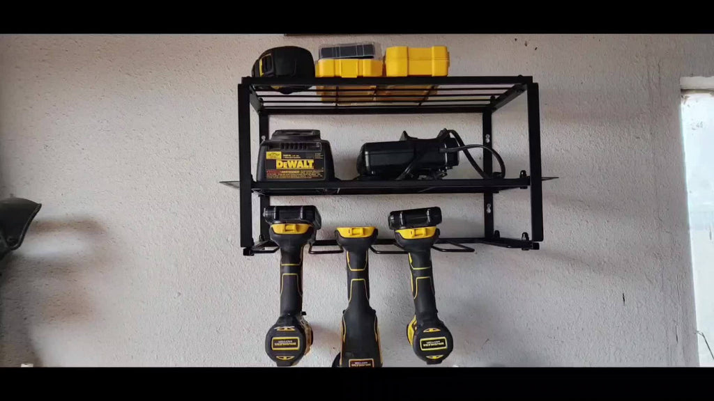 Power Drill Holder Wall Mount ¨C Heavy Duty Tool Storage Rack with 3/4 Layer Floating Shelf | Cordless Drill Organizer | 4/6/8 Drill Holders Workshop Tool Rack for Garage & Workshop Organization