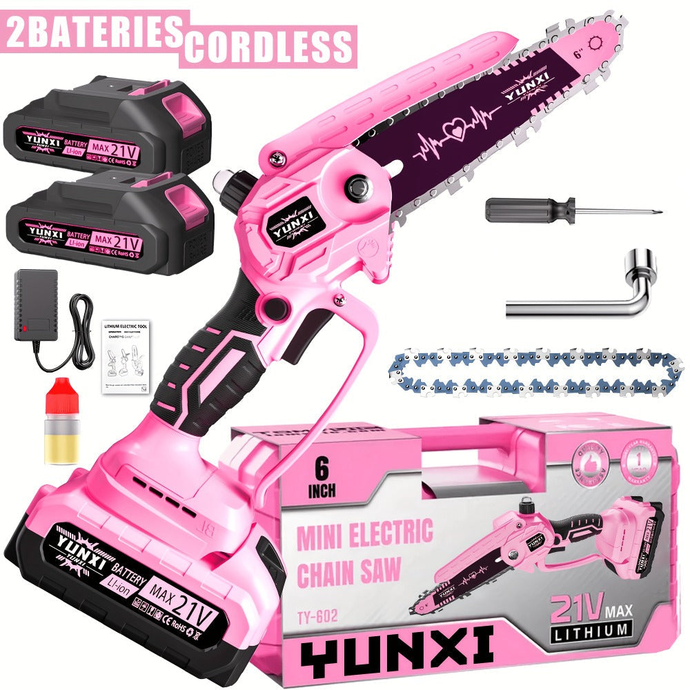 Mini Chainsaw 6 Inch 21V Cordless Battery Powered | Handheld Electric Chain Saw for Tree Branch Trimming Wood Cutting | Lightweight Portable Pruning Saw Pink