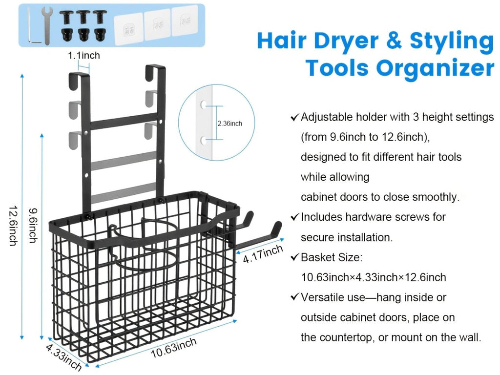 Hair Tool Organizer Wall Mounted Holder for Hair Dryer Curling Iron Straightener 3 Adjustable Heights Bathroom Storage