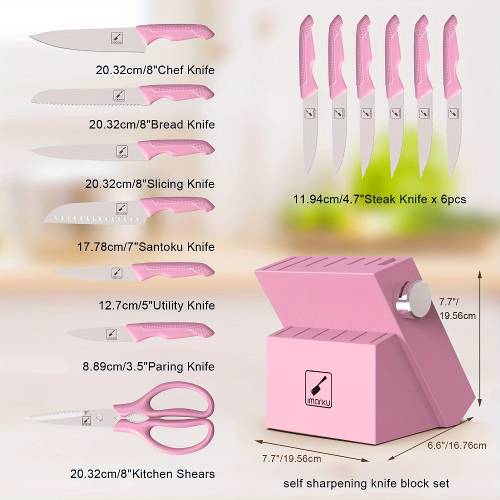 Knife Block Set 14 Piece Pink ¨C Japanese Stainless Steel Kitchen Knife Set with Built-in Sharpener, Non-Slip Ergonomic Handles, Dishwasher Safe, Perfect Holiday & Housewarming Gift for Women