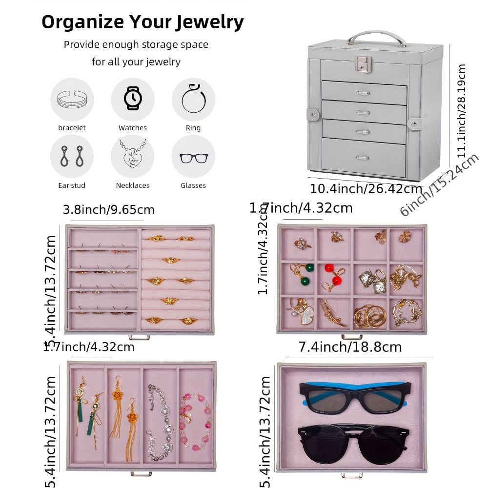 Large Jewelry Box 5-Tier PU Leather Organizer with Lock & Mirror ¨C Storage Case for Bracelets, Earrings, Rings & Necklaces