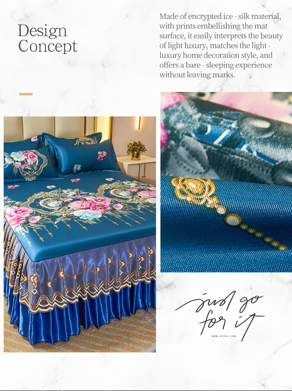 Floral Ruffle Bed Skirt Cool Mat 3 Piece Set with Pillowcase, Double Layer 360¡ã Full Wrap Washable Cooling Mattress Cover, Breathable Summer Bedding Set for Twin Full Queen King, Parisian Romantic Floral