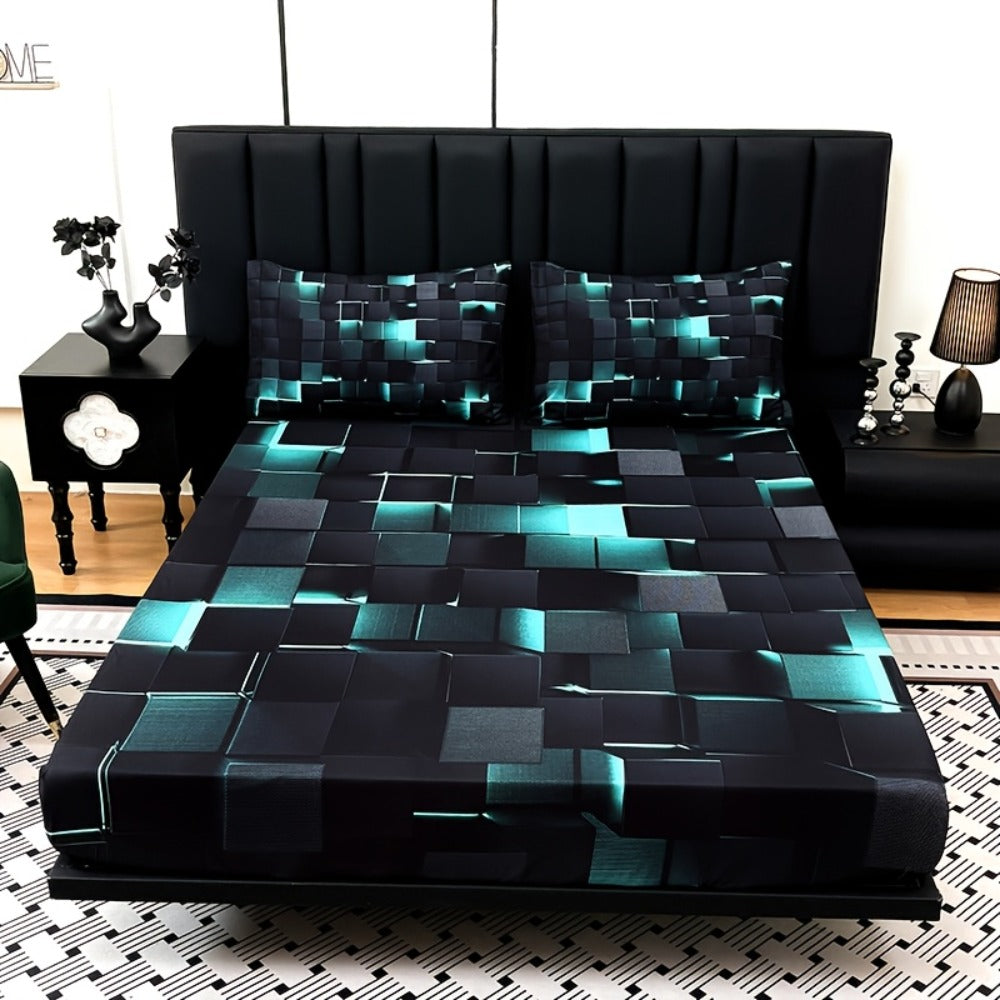 Fitted Sheet Set 3pcs Plaid Digital Print Deep Pocket 15¡± All Season Bed Sheet + 2 Pillowcases No Filling Twin Full Queen King