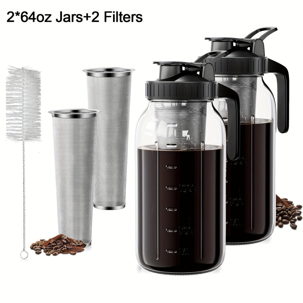 Cold Brew Coffee Pot Set with Stainless Steel Filters & Cleaning Brush - 32oz Glass Mason Jar Cold Brew Maker for Home, Kitchen & Restaurant, Multi-Serve Cold Brew Pitcher Set for Family & Entertaining