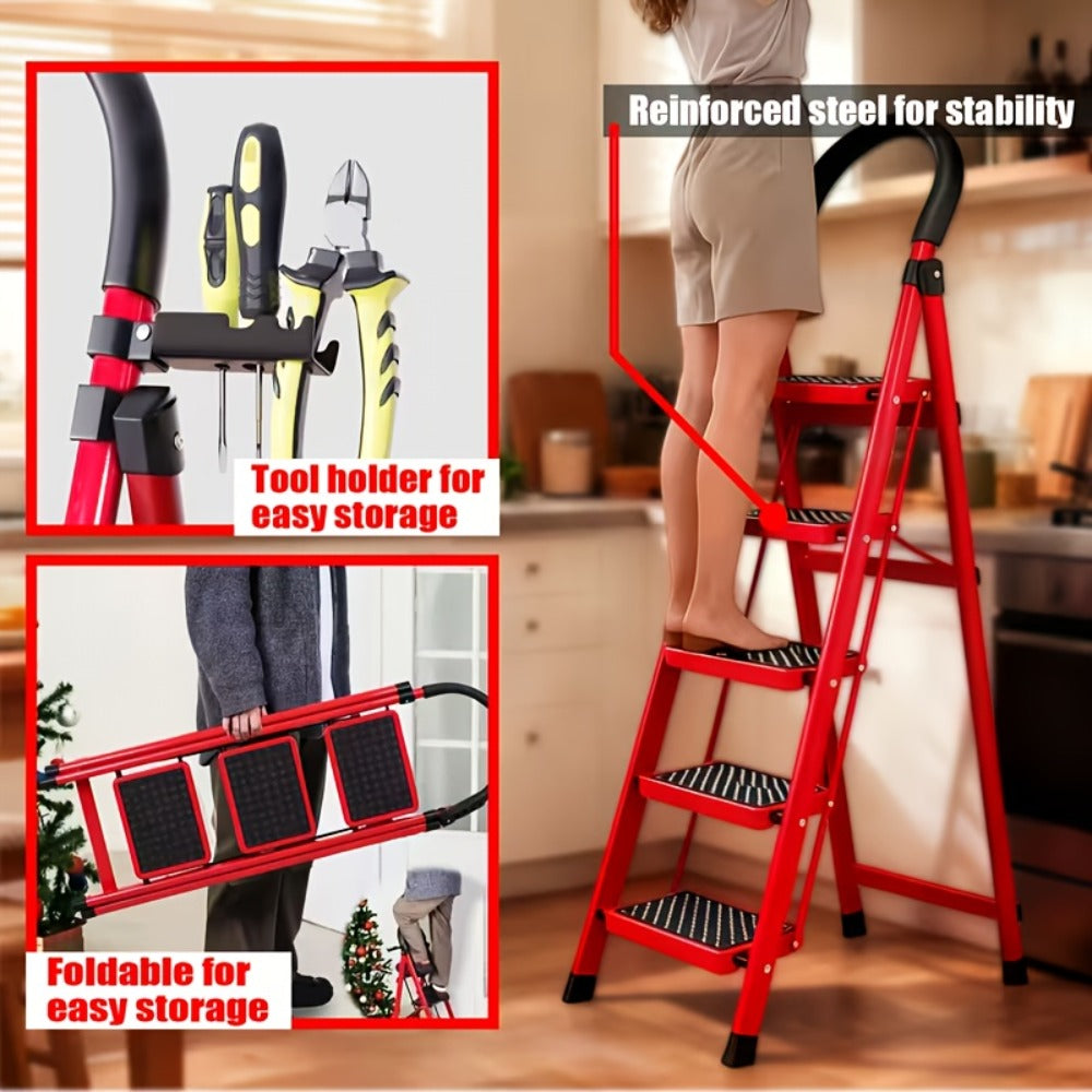 Folding Step Stool Ladder 500lbs Heavy Duty Steel with Anti-Slip Wide Treads & Handrails ¨C Safety Lock, Portable Multi-Step Ladder for Home, Kitchen & Outdoor Use, Mini / Medium / Large