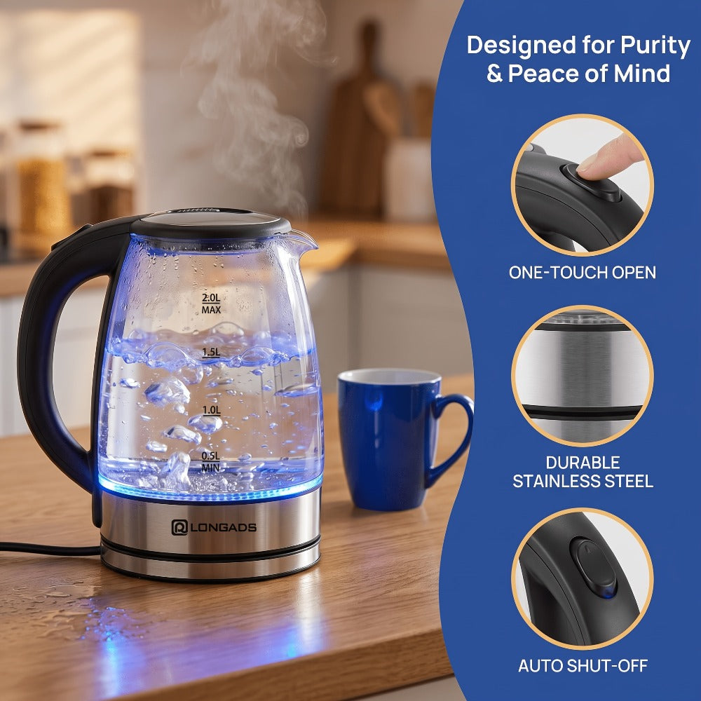 Glass Electric Kettle 2L Large Capacity ¨C 1000W Fast Boil, Anti-Dry Burn Protection, See-Through Design for Coffee Milk Tea, Kitchen Dining Room Living Room Use, 67.63oz