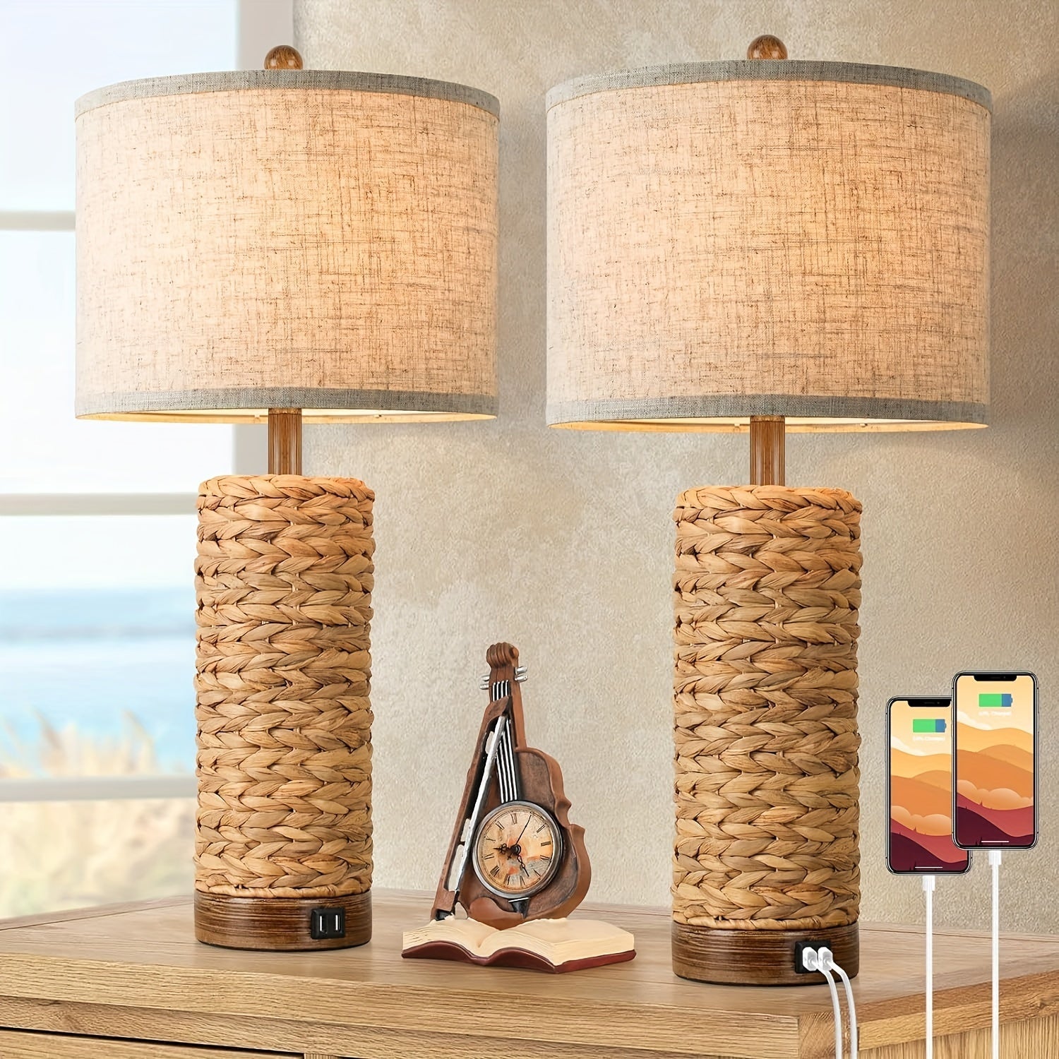 Rattan Table Lamp Set of 2 with USB Ports - 27 Inch Tall Woven Seagrass Bedside Nightstand Lamps for Living Room Bedroom End Table, Coastal Farmhouse Rustic Decor, E26 Socket Rotary Switch