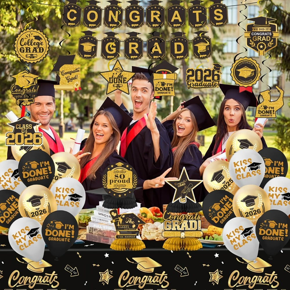 2026 Graduation Decorations Set ¨C Congrats Grad Banner, Backdrop, Hanging Swirls & Honeycomb Table Toppers, Class of 2026 Party Supplies Kit