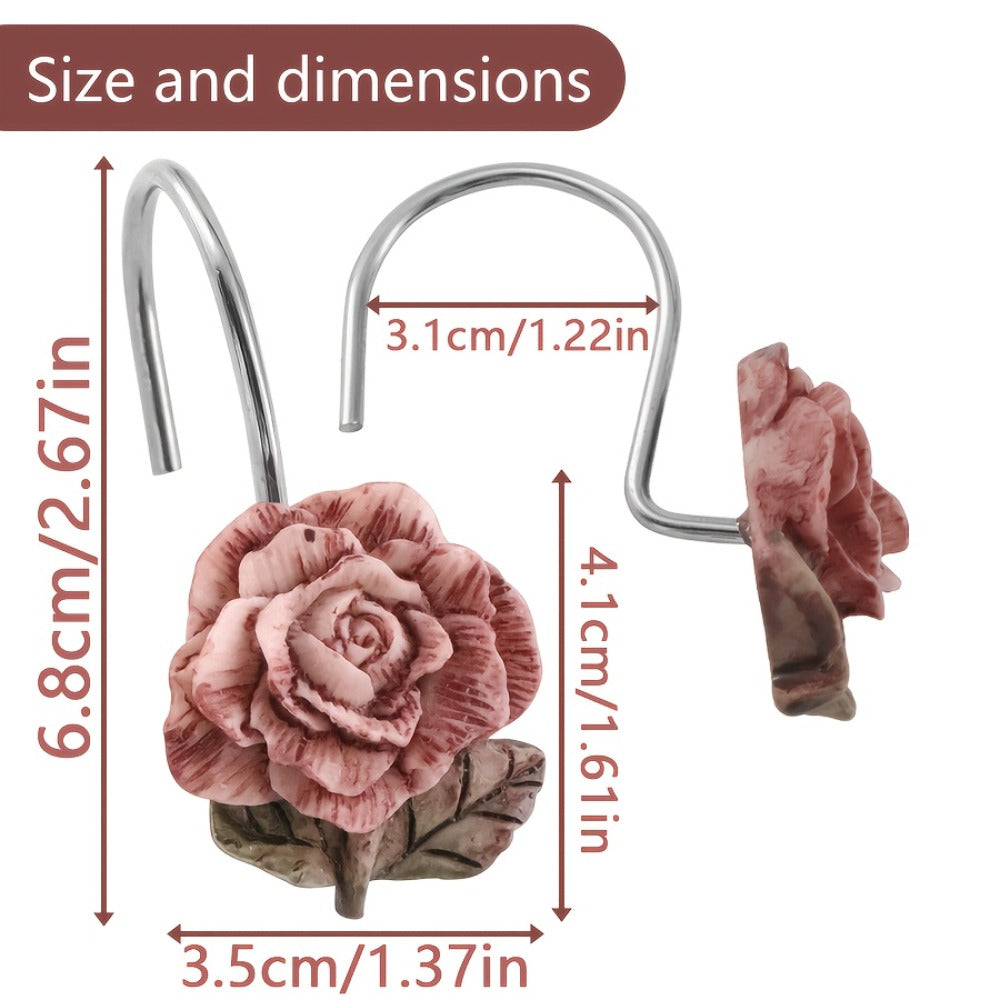 Shower Curtain Hooks Rose Resin - 12pcs Rustproof Cast Iron Floral Bathroom Hooks, Heavy Duty Metal Rings for Curtain Rod, Decorative Bath Accessories