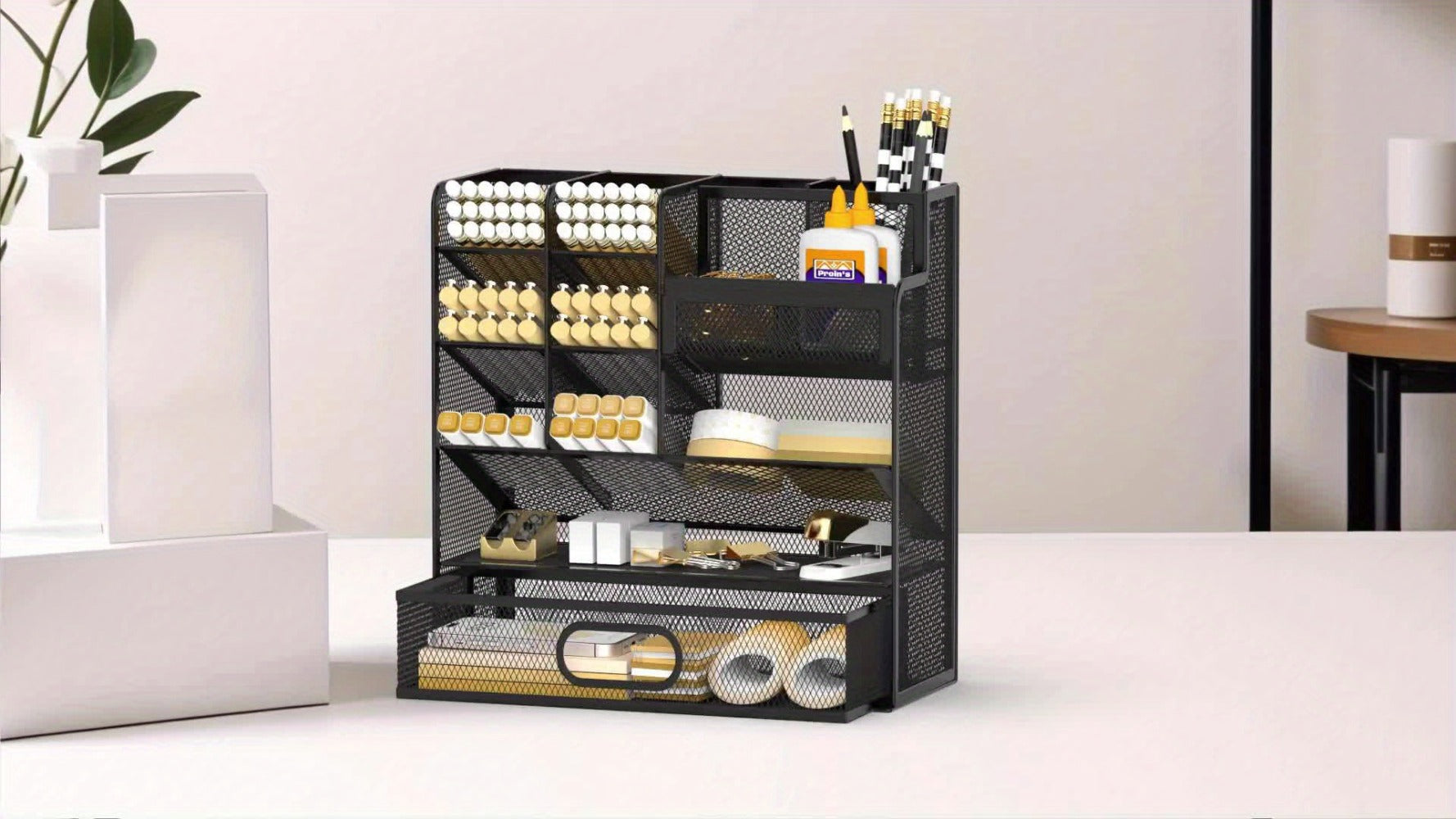 Mesh Desk Organizer with Drawer ¨C Multifunctional Desktop Pen Holder & Office Supply Organizer for Home Office, School & Art Studio ¨C Pencil Cup Caddy with Storage Compartments, Multiple Colors Available