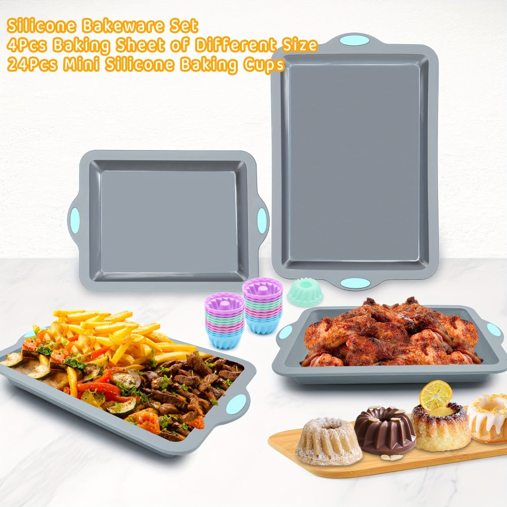 Silicone Baking Pans Set 4-Piece ¨C Nonstick Bakeware with Metal Reinforced Frame, Includes Baking Sheet, Cookie Sheet & Cake Pan with Grips, Oven Safe, Easy Release ¨C Navy Blue & Light Gray