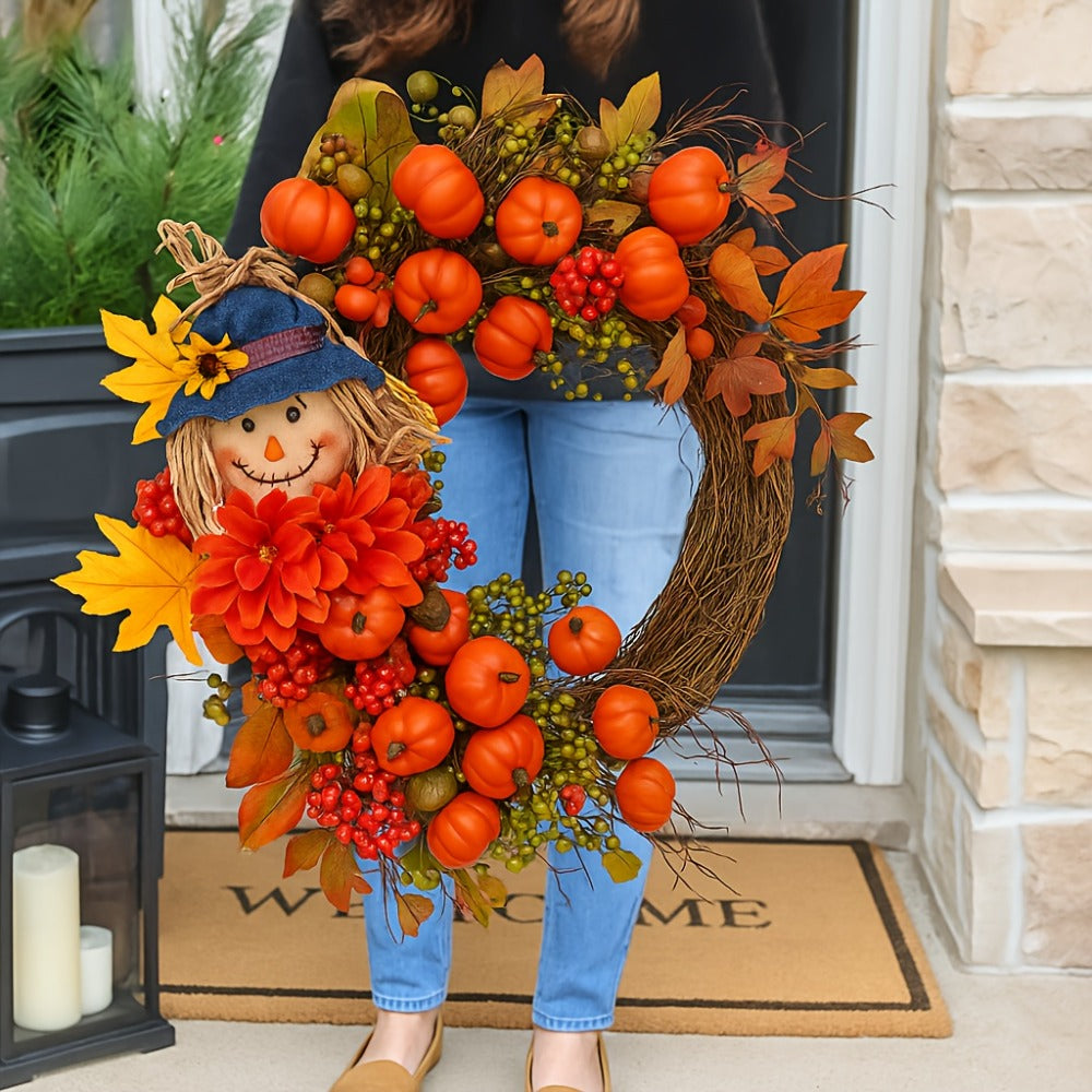 Fall Wreath for Front Door Autumn Thanksgiving Pumpkin Leaves Floral Doll Wreath Indoor Outdoor Wall Window Holiday Home Decor Christmas