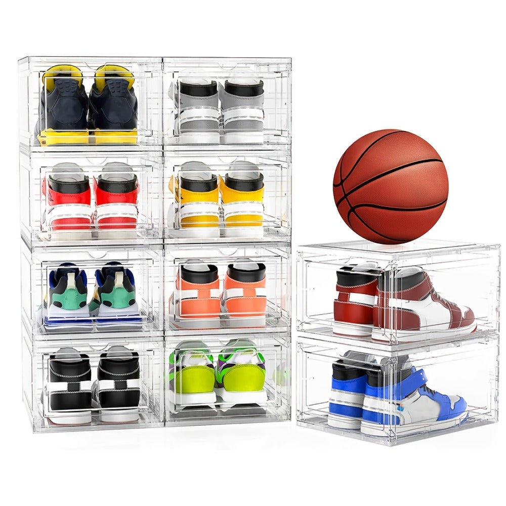 Clear Stackable Shoe Storage Boxes 6/12 Pack XX Large Hard Plastic Organizer for Size 12 Sneakers Closet White
