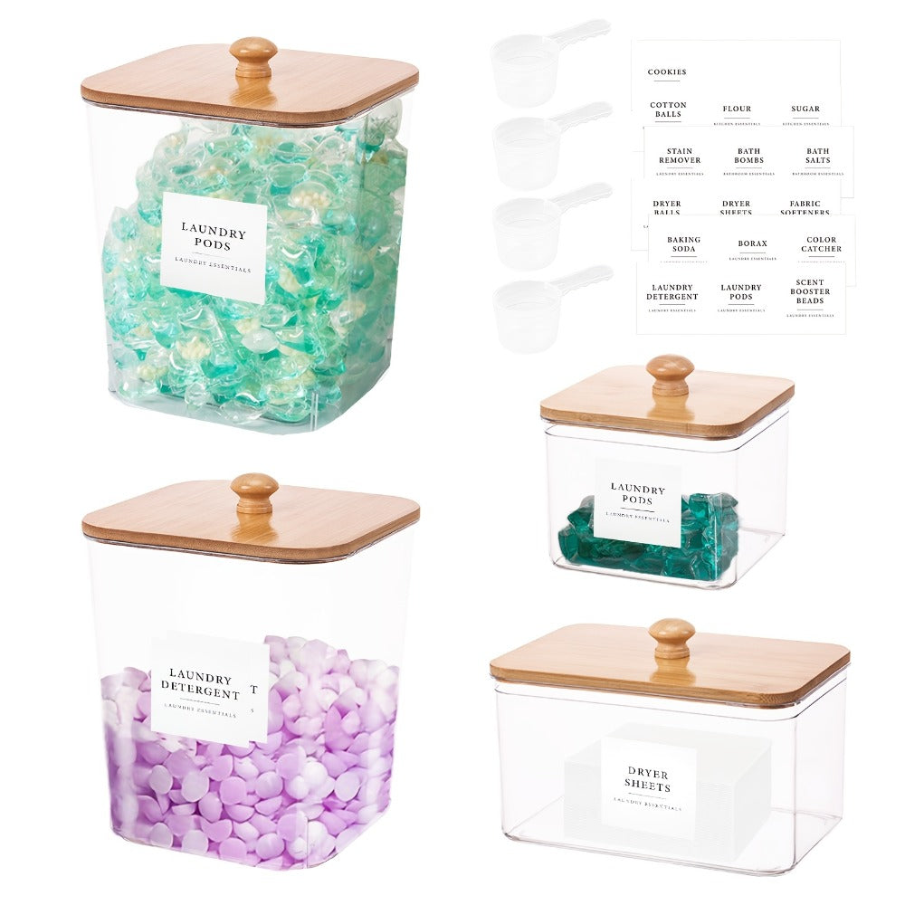 Laundry Pod Containers Set of 4 with Lids Scoops and Labels ¨C Laundry Room Organization Storage Canisters for Pods Detergent Dryer Balls Scent Beads Mixed Color