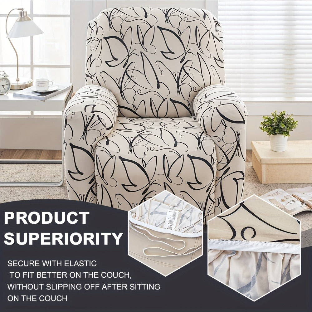 Recliner Slipcover 4pcs Extra Large with Pocket - Spandex Stretch Four Seasons Furniture Protector | Botanical Geometric Prints | Living Room Home Decor Sofa Chair Cover