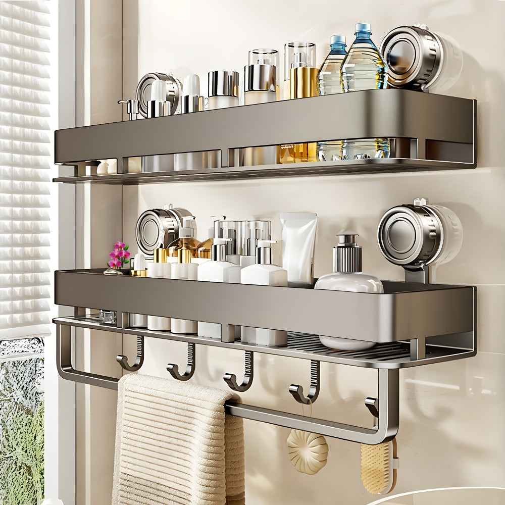 Suction Cup Shower Caddy with Towel Holder Bar, Wall-Mounted Bathroom Shelf Organizer for Shampoo Soap, Heavy-Duty Floating Shower Shelves, Strong Adhesive No Drilling