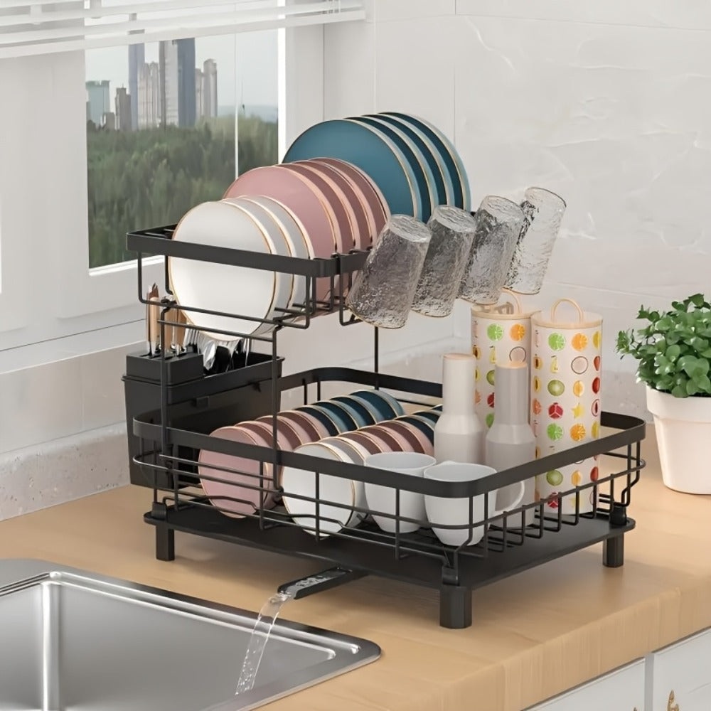 Dish Drying Rack 2-Tier Large Capacity Stainless Steel Detachable Dish Drainer for Kitchen Counter with Utensil Holder and Drain Board in Black White Gray