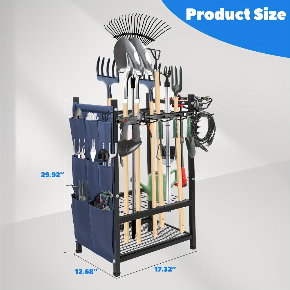 Tool Storage Rack with Storage Bag ¨C Metal Yard Tool Organizer for Garage Holds 35 Long-Handled Tools, Broom, Shovel, Rake Stand Holder, Heavy Duty Freestanding Garden Tool Rack for Outdoor & Yard, Black