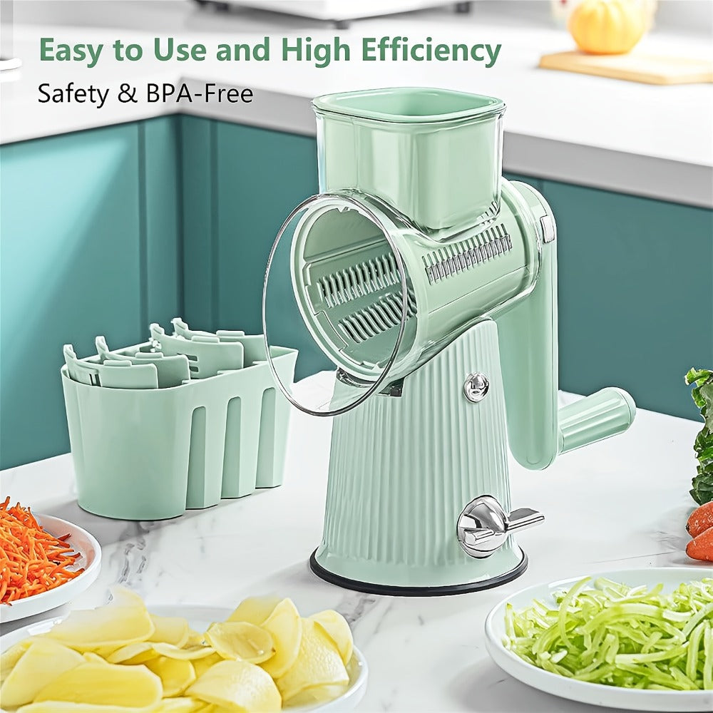 Rotary Cheese Grater with Interchangeable Blades ¨C 5-in-1 Manual Vegetable Slicer Shredder Set, Suction Cup Base, Easy to Clean, Multifunctional Kitchen Tool for Fruits, Vegetables & Nuts