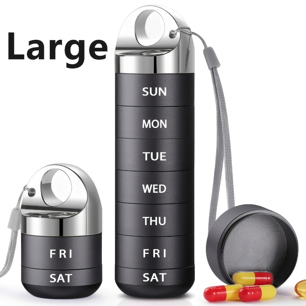 Weekly Pill Organizer Waterproof, Large Aluminum Alloy 7-Day Pill Box for Medications Vitamins Supplements, Portable Travel Pill Case, Blue Black Pink Gray Purple