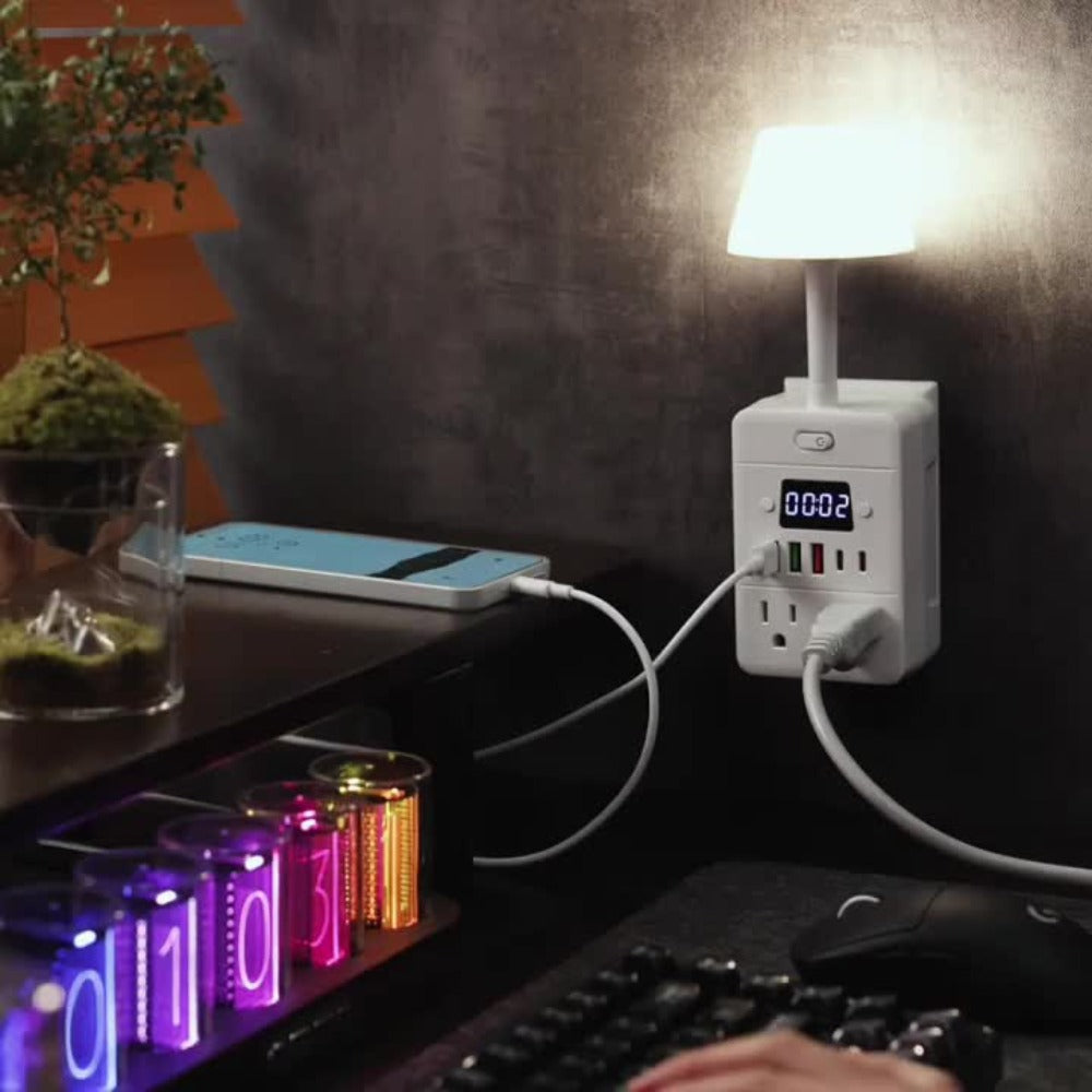 Power Strip Extender with Digital Clock & Desk Lamp ¨C 4 AC Outlets, 3 USB & 2 Type-C Ports, One-Touch On/Off, Overload Protector | Multi-Function Surge Protector for Home, Office, Dorm & School
