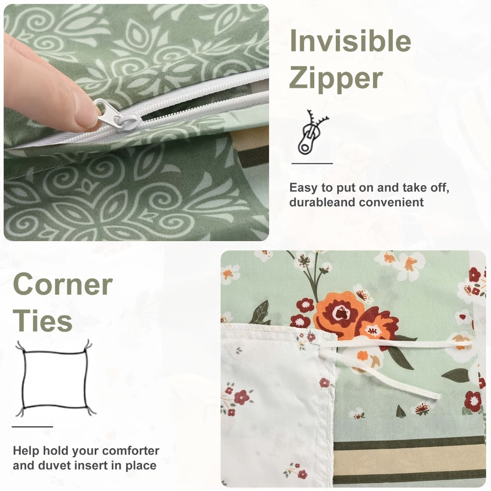 Floral Duvet Cover Set 3 Piece - Zipper Closure Patchwork Comforter Cover with 2 Pillowcases, All-Season Lightweight Kids Bedding Set, Pastoral Flower Plaid Print, Twin Full Queen King