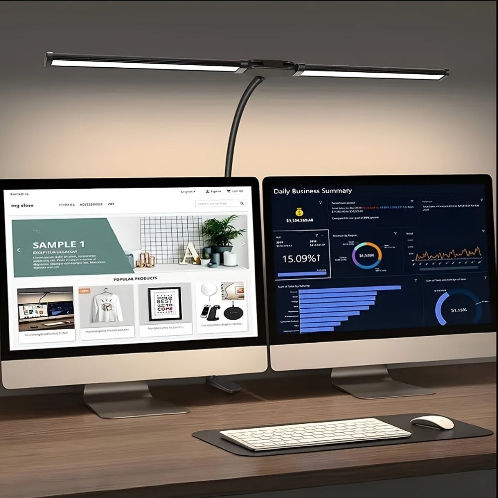Dual Head LED Desk Lamp Touch Control 3 Color Modes 10 Brightness Levels Flexible Gooseneck Eye Care 13W USB Powered Base and Clip for Home Office Study PC Gaming Black