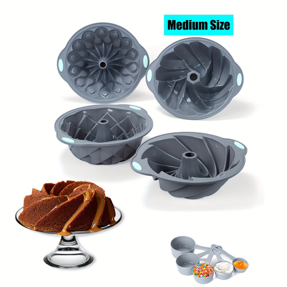 Silicone Bundt Cake Pan Set 9-Piece, Nonstick Fluted Hollow Cake Molds in Crown Nest Spiral Braided Shapes, Easy Release Silicone Baking Molds for Cakes Brownies Flan Meatloaf, Light Gray