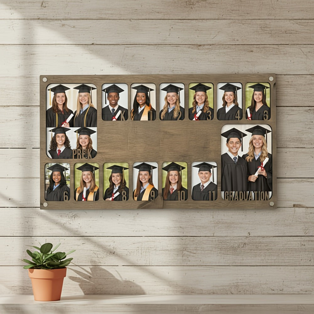 Graduation Photo Frame Vintage Wooden 14-Photo Collage Display Stand Desktop Wall Decor Home Office Grad Gift Grey Beige