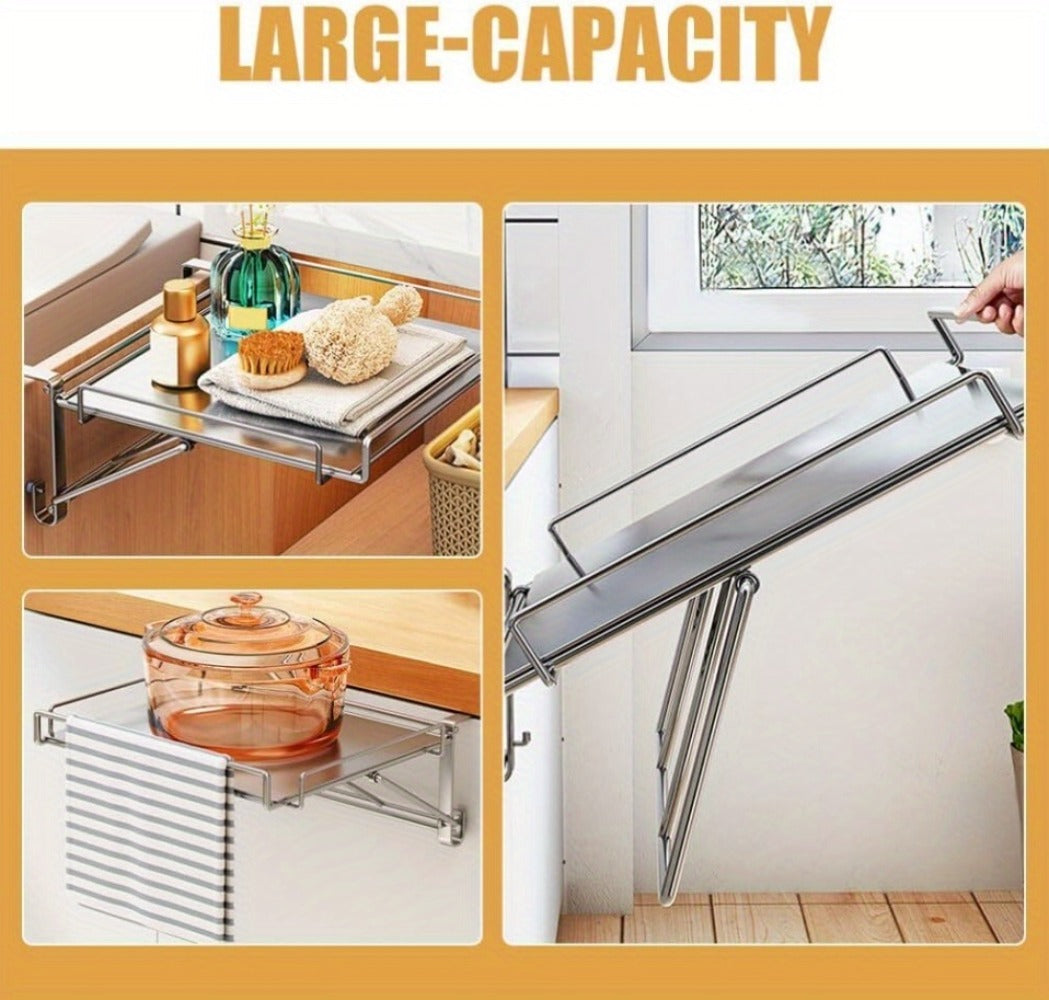 Foldable Stainless Steel Kitchen Storage Rack ¨C Cabinet Door Organizer & Countertop Shelf for Kitchen, Bathroom & Pantry | Space-Saving Multi-Use Hanging Rack