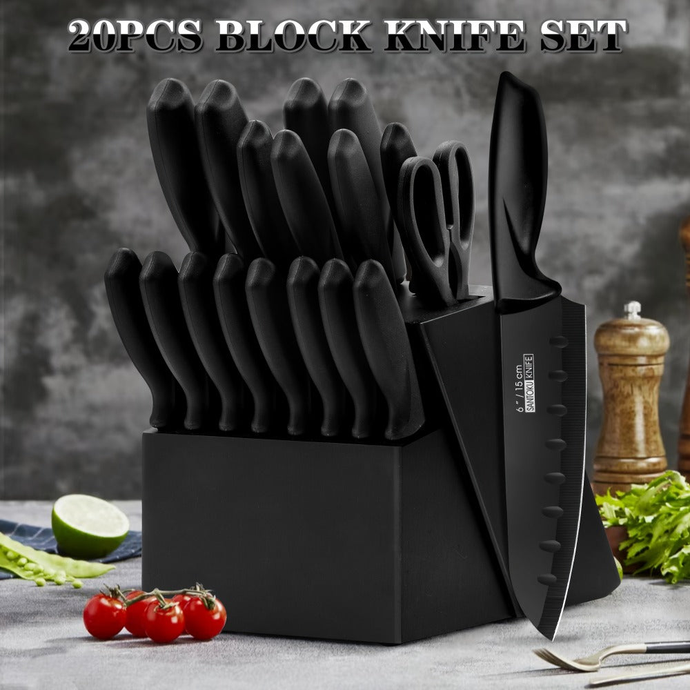 Kitchen Knife Set 15-Piece & 20-Piece Professional Chef Knives with Block Sharpener Ultra-Sharp Medium Carbon Stainless Steel Hammered Blade Wooden Handle Dishwasher Safe Gift for Men & Family